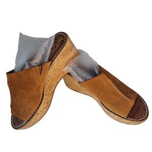 Sam Edelman Sandals Womens 8 Tan Suede Open-Toe Cork Wedge Slip-on